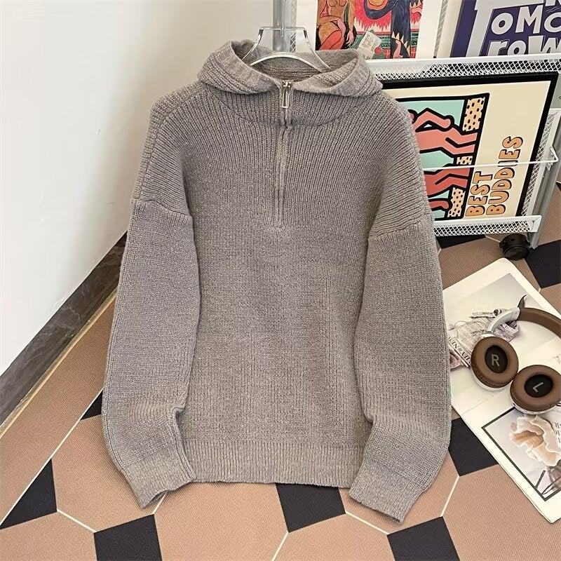 Lazy Style Hooded Sweater Men'S Solid Color Simple All-Match Loose Casual Sweater Jacket Top - Image 1